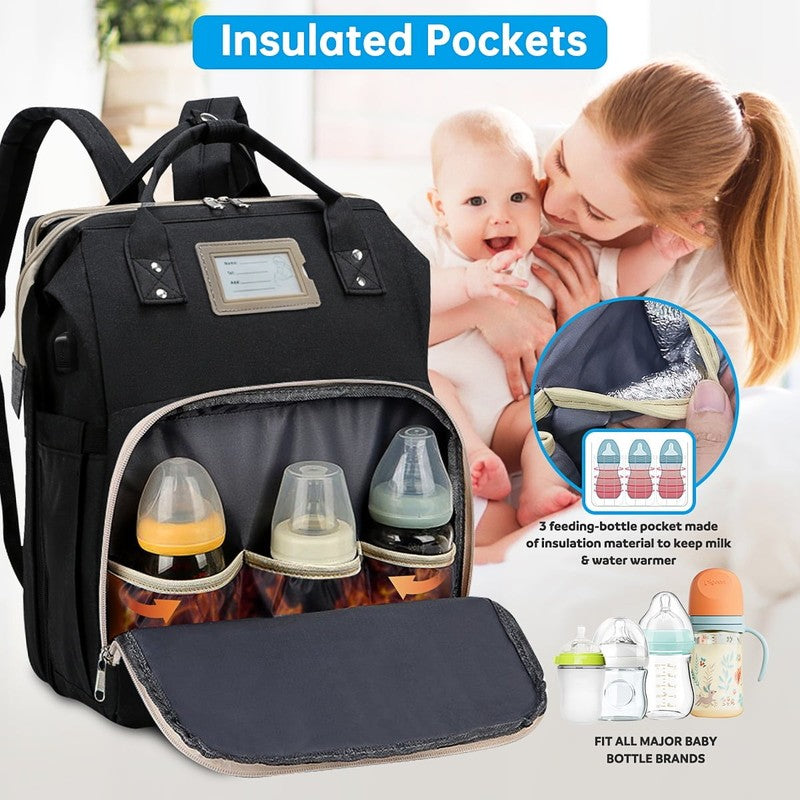 Diaper Bag Backpack w/ Crib, USB, Bottle Holder, Changing Pad – Black2