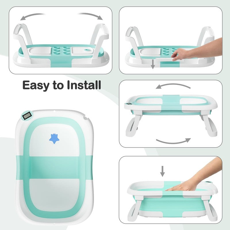 Foldable Baby Bathtub PP+TPE with Soft Bath Net&Thermometer for 0 36 Months Todd2