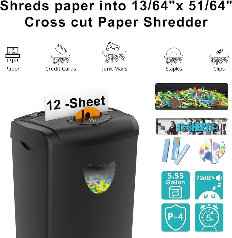 12 Sheet Cross Cut Paper Shredder P 4 5.55Gal Jam Proof Cards/CDs/Staples1