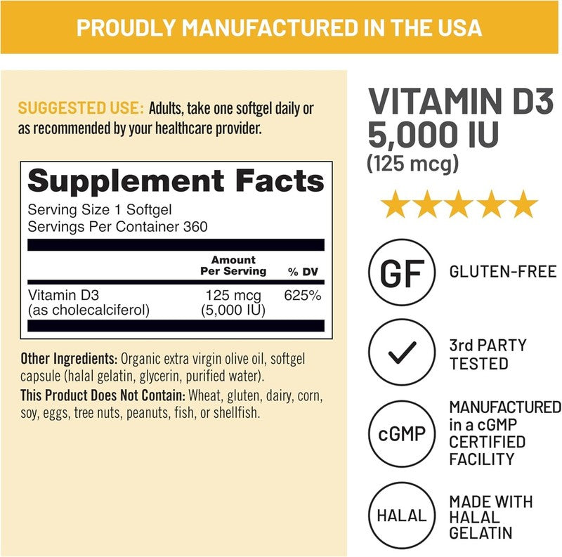 Vitamin D3 5000IU - 1 Year Supply for Immunity & Bone Health, 360 Mini Softgels5