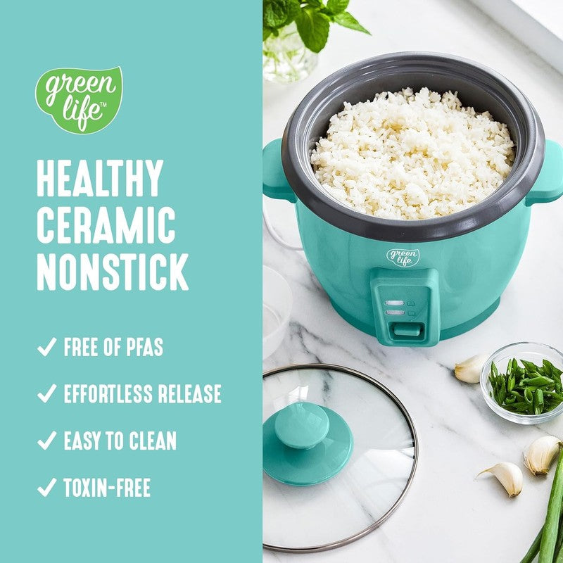 Rice Cooker 3-Cup PFAS-Free Ceramic Removable Pot Turquoise1