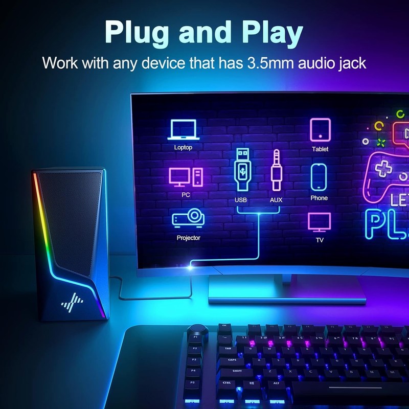 Nylavee PC Computer Speakers USB 3.5mm RGB 6 Modes Bass Boost Desktop4