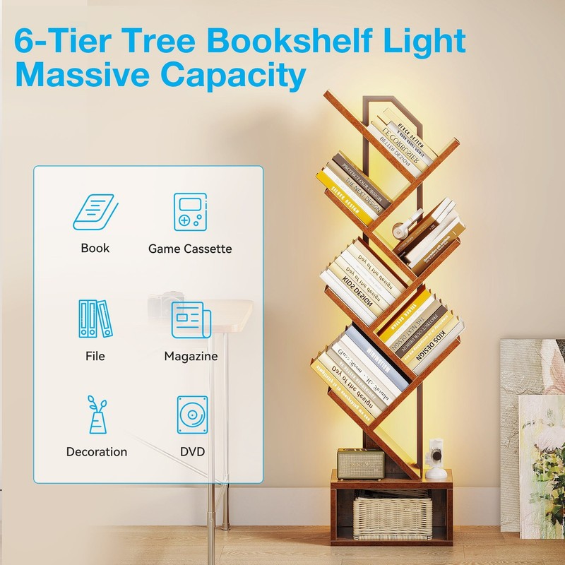 6 Tier Tree Bookshelf, Bookcase with LED Lights, Display Floor Standing Storage5