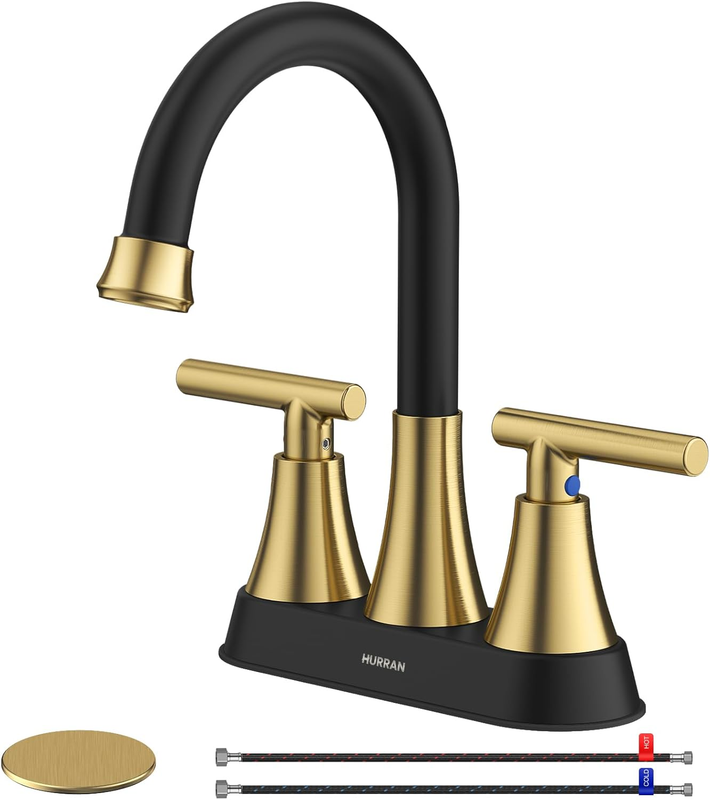 3 Hole Bathroom Faucet Black Gold Centerset Vanity RV w/ Drain Hoses8
