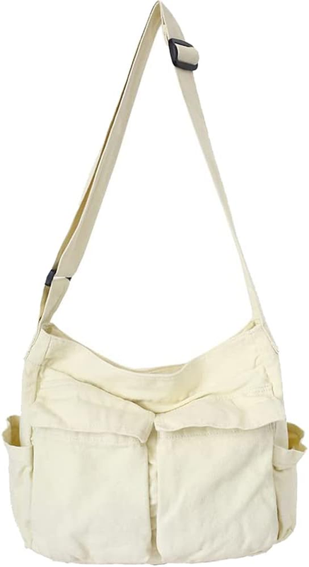 Canvas Messenger Bag Large Hobo Crossbody Multiple Pockets Shoulder Tote Unisex0
