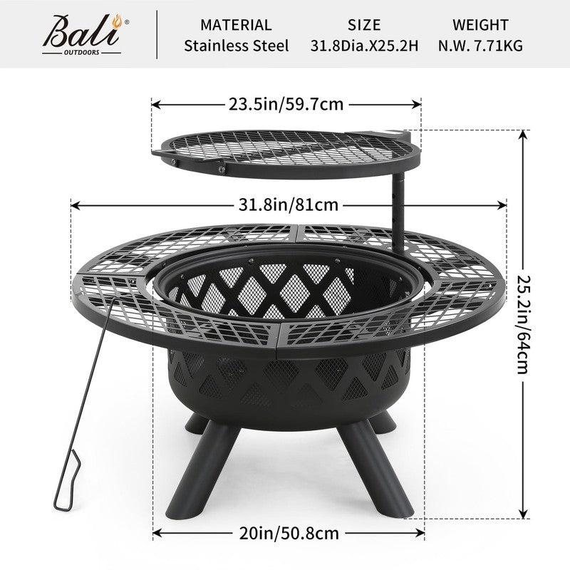 32" Wood Burning Fire Pit with Poker & Grill Outdoor Patio7