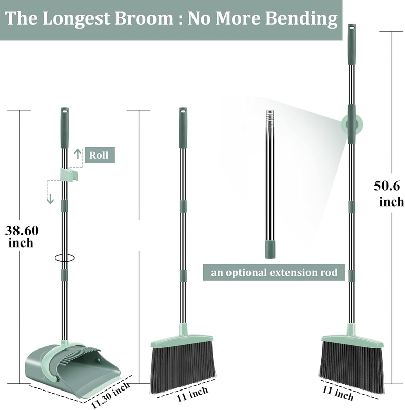 Broom and Dustpan Set Long Handle Upright Sweeping Combo Gray Green1