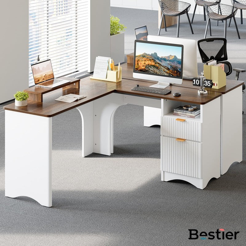 55" L-Shaped Desk with Drawers, Monitor Stand & Fluted Panels White/Walnut8