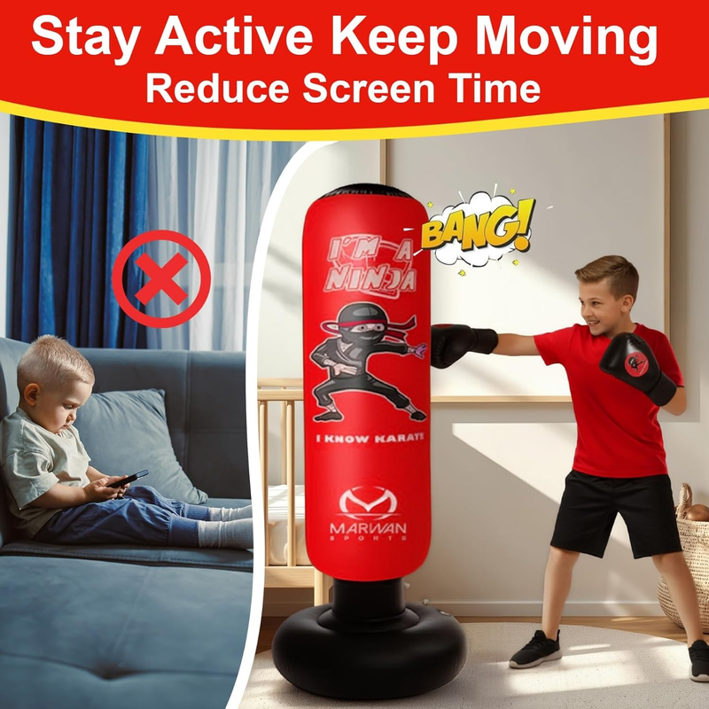 5 in 1 Inflatable Punching Bag 63" Karate Set w Gloves for Kids 4 123