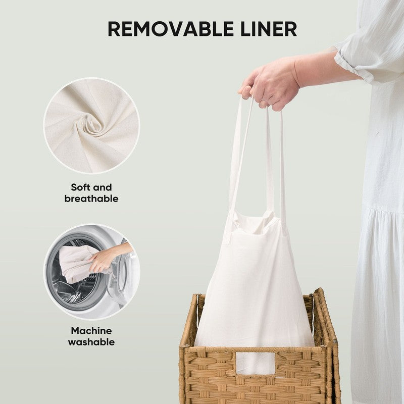 90L Handwoven PP Rattan Laundry Basket w/ Lid, Handle, Foldable, Removable Liner4
