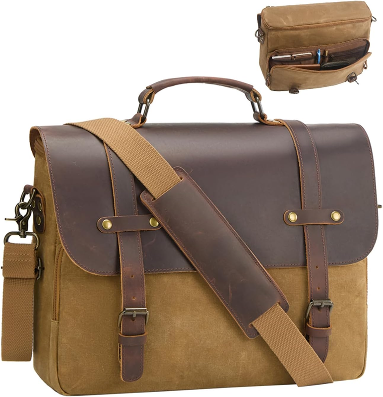 Mens Waxed Canvas Messenger Bag 16 Laptop Briefcase Leather Waterproof Satchel0