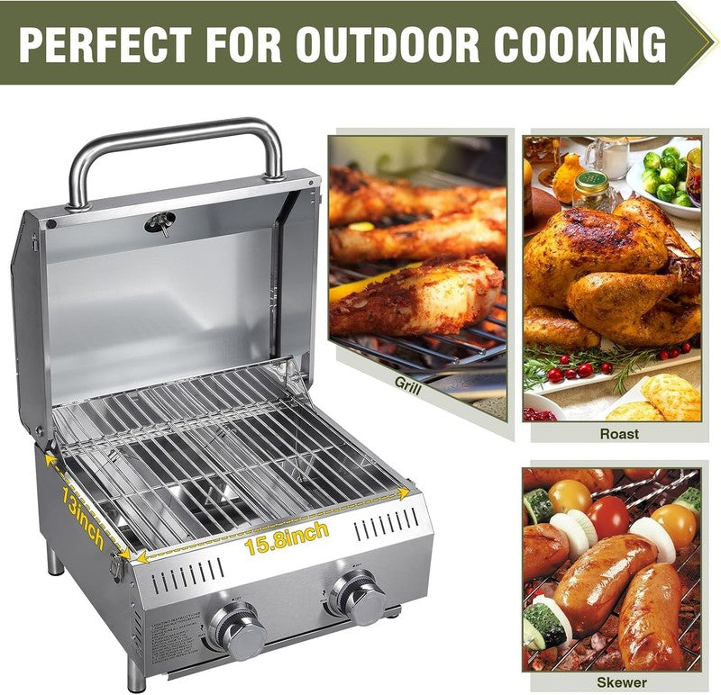 2 Burner Tabletop Gas Grill 20,000 BTU Portable Stainless Steel Propane Grill3