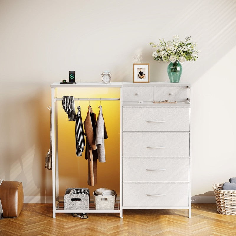 Dresser for Bedroom with Clothes Rack, 6 Drawers Dresser with Charging Station &8