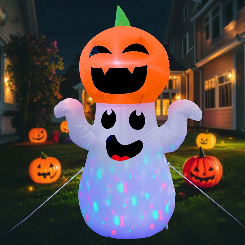 5Ft Halloween Inflatable Pumpkin Ghost w/ 360° Colorful LED Lights Yard Decor0
