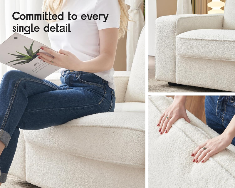 Bouclé Sofa Chair Cup Holders USB Charging Upholstered Living Room Couch White3