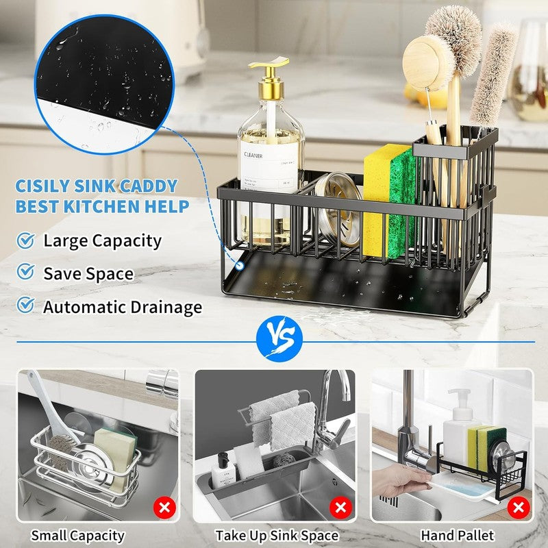 Kitchen Sink Caddy – Sponge & Brush Holder with Stainless Steel Self Drain Tray,4
