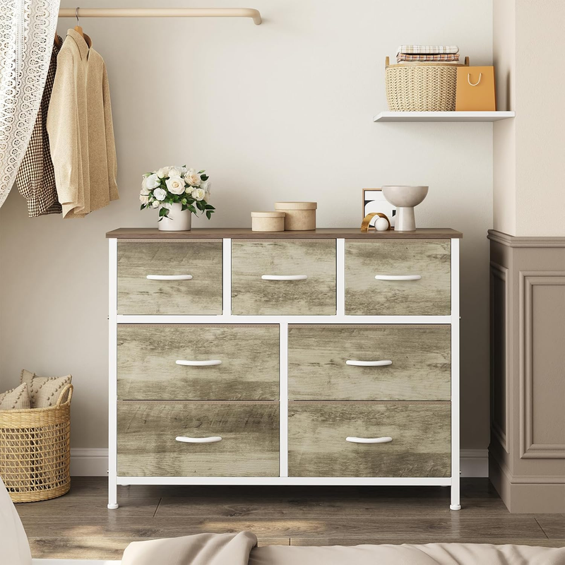 7 Drawer Fabric Dresser Storage Tower Steel Frame Wood Top Greige Oak6