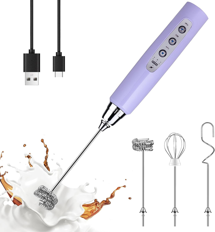 Milk Frother Handheld Rechargeable 3 Speed 3 Heads Coffee Whisk Purple10