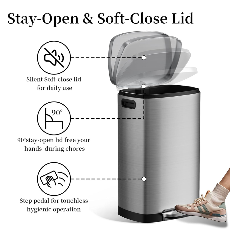 13 Gallon Kitchen Trash Can Stainless Steel Soft Close Pedal Bin 50L3