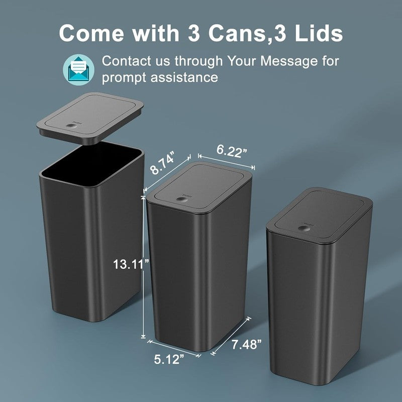 3-Pack 10L (2.6 Gal) Slim Trash Cans with Lid Black Bathroom Kitchen Waste Bin5
