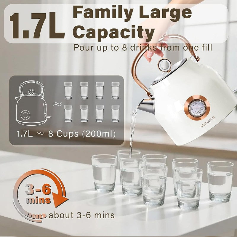 Retro Electric Kettle 1.7L 1500W Stainless Steel Temp Gauge LED White2