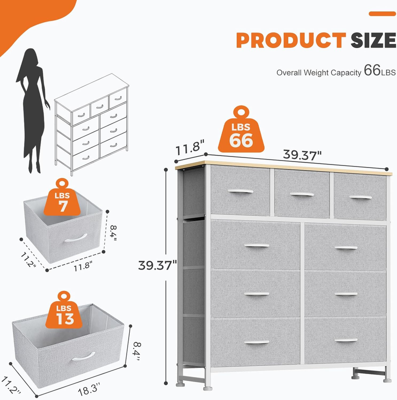 9 Drawer Fabric Dresser Storage Tower Steel Frame Wood Top Light Gray2