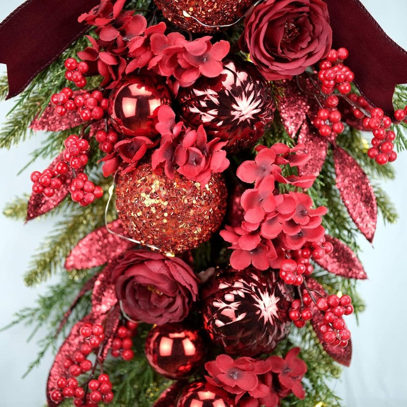 24" Decorative Christmas Teardrop Swag Red Hydrangea Purple Bow Red Berries6