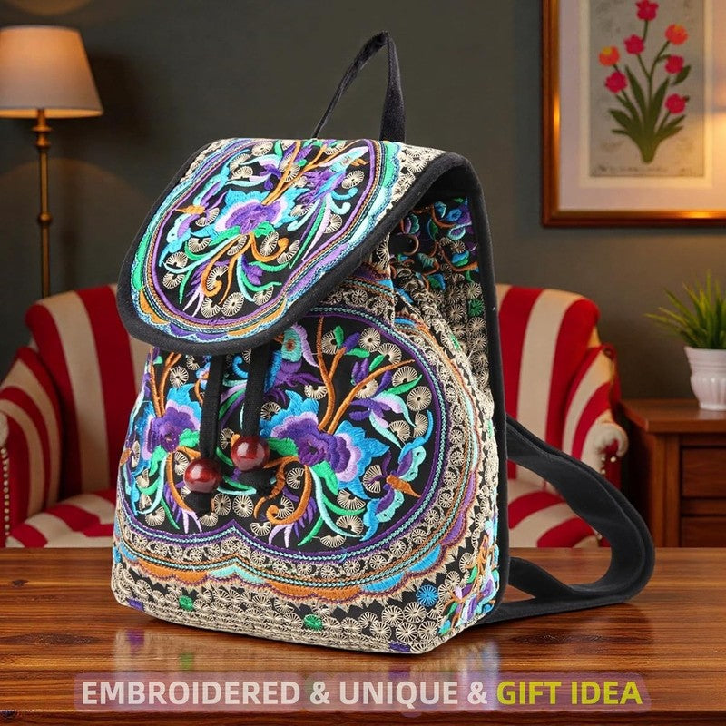 Women Embroidered Backpack Boho Floral Mini Travel Shoulder Bag Purple1