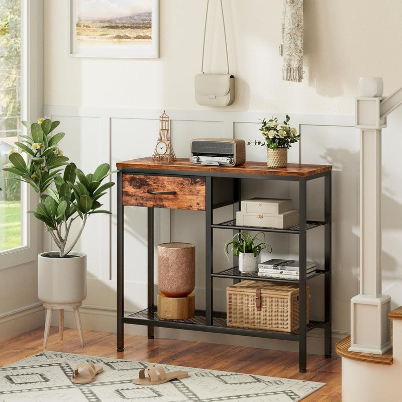 Entryway Industrial Console Table 31.5" Sofa Table Metal Mesh Rustic Brown3