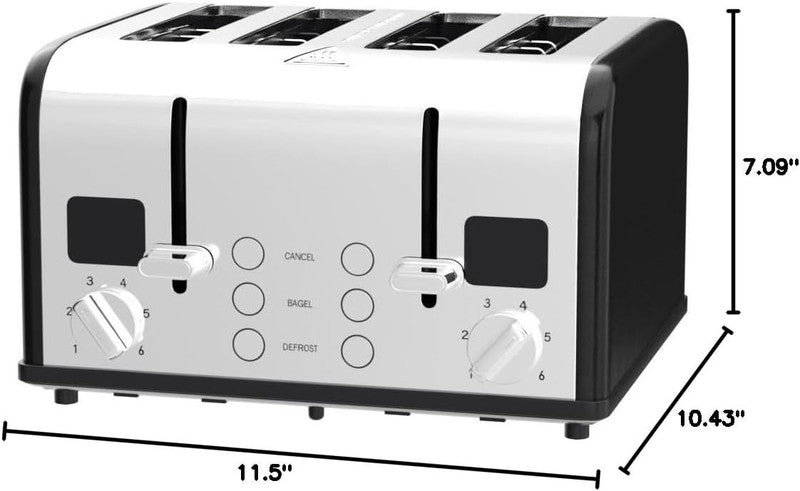 4 Slice Black Stainless Steel Toaster LED Wide Slots Bagel Defrost Cancel6