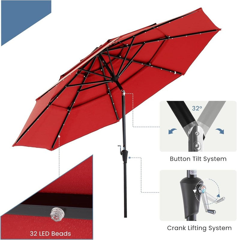 Outdoor 10FT Solar Umbrella 32 LED Lights Tilt Crank Backyard Deck Garden3