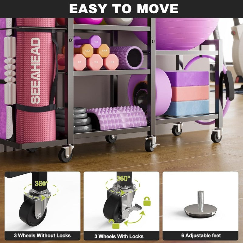 6 Tier Home Gym Storage Rack Dumbbell Weight Yoga Mat Organizer with Wheels5