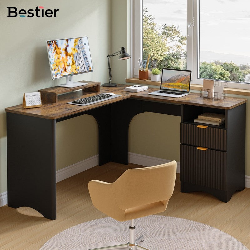 55" L-Shaped Desk with Drawers, Monitor Stand & Fluted Panels Black/Rustic7