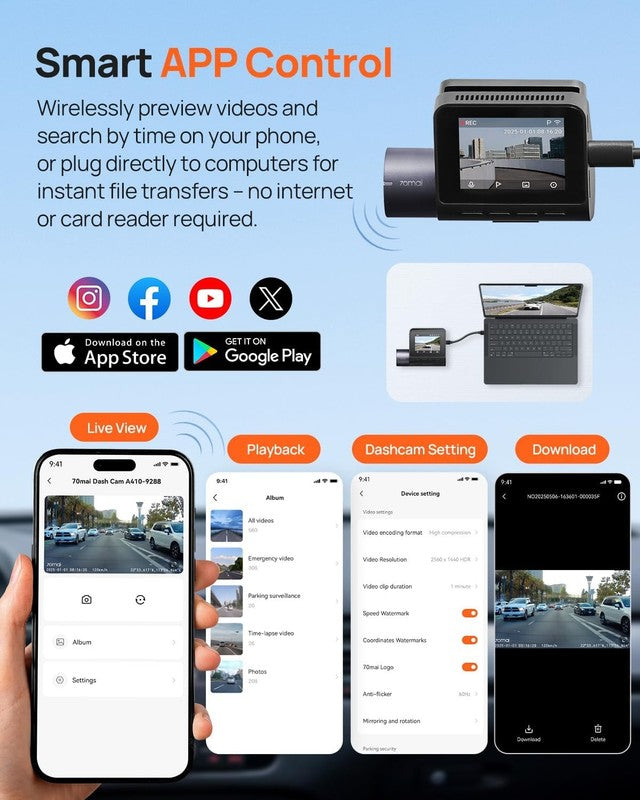 2.5K+1080P Dual Dash Cam Front/Rear A410 WiFi GPS Night Vision 64GB Included3
