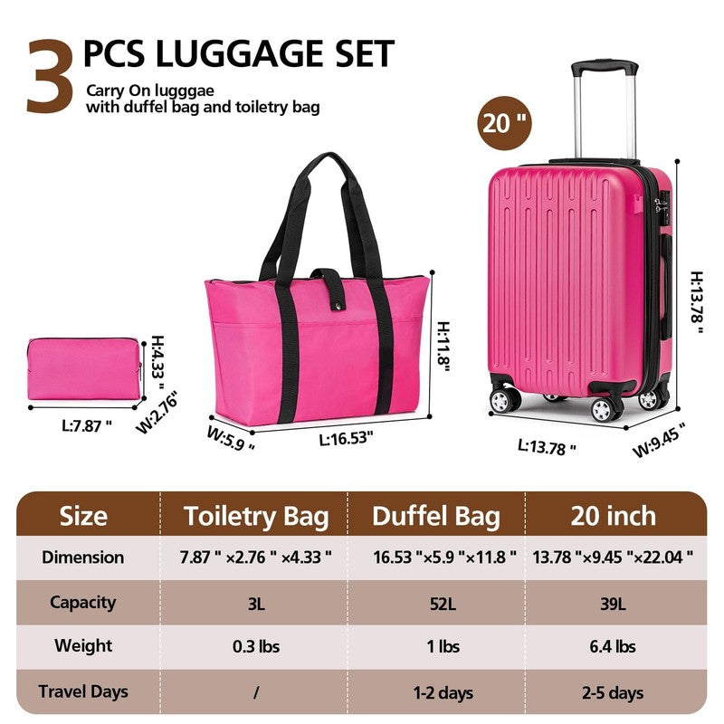 3 Piece 20" Expandable Carry On Luggage Set Duffel & Toiletry Bag Included2
