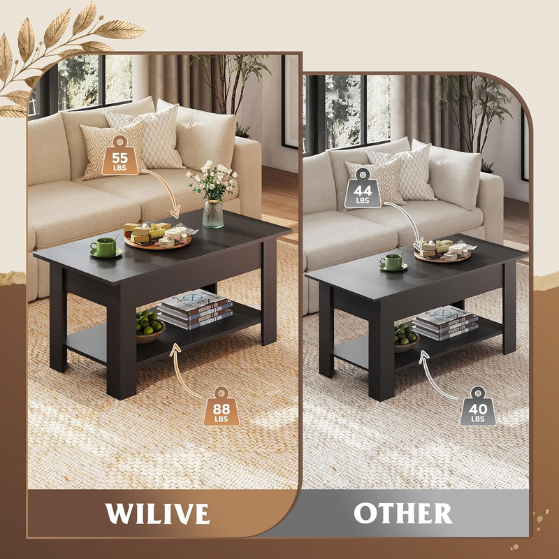 39" Lift Top Coffee Table w/ Hidden Compartment Storage Shelf Black6
