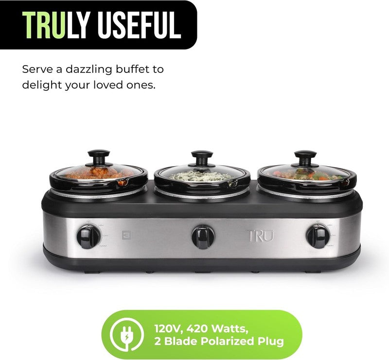Triple Buffet Server 3×2.5QT Crock Pot Warmer w/ Lids & Spoons, 3 Temp4
