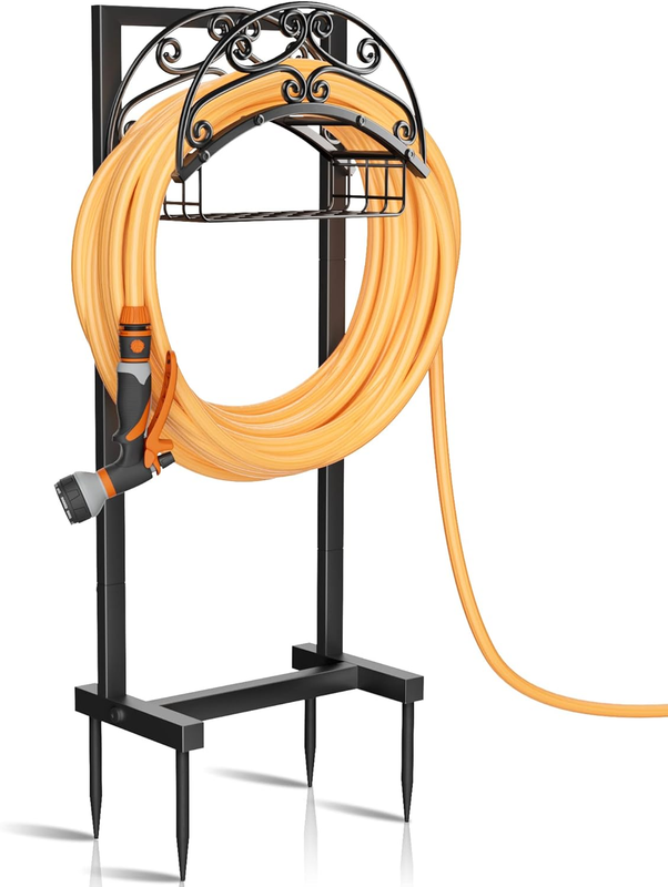 Garden Hose Holder   Upgraded Water Hose Holder Stand with Storage Basket Holds 0