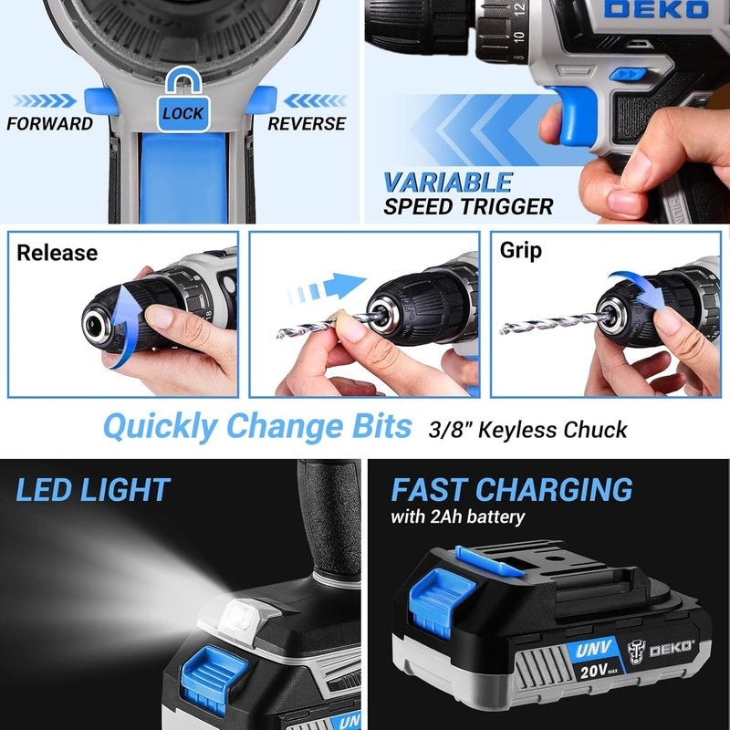 20V Cordless Drill Tool Kit Blue Home Repair Electric Drill Driver Case3