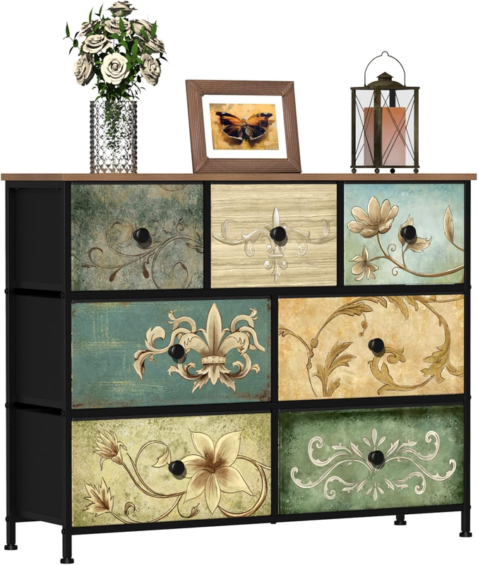 7 Drawer Fabric Dresser Retro Floral Chest Storage Organizer for Bedroom Closet10