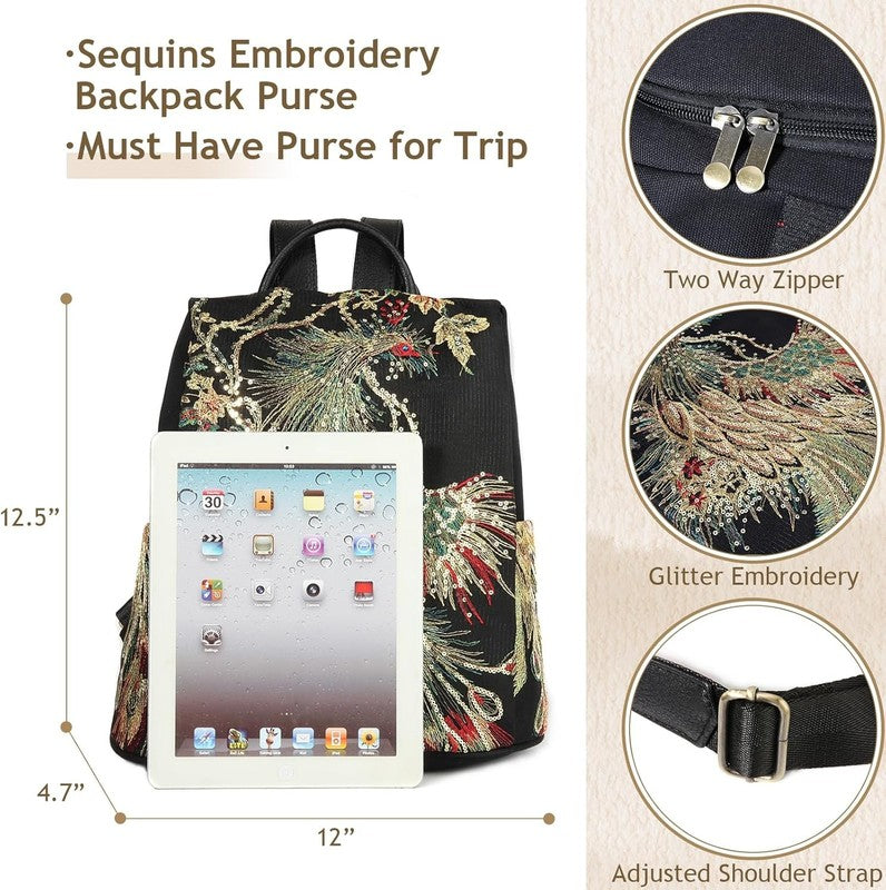 Women Glitter Embroidery Backpack Canvas Anti Theft Travel Shoulder Bag Black2