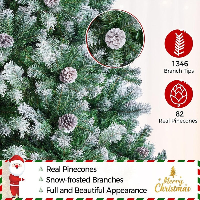 7.5Ft Artificial Christmas Tree, Snow Flocked Christmas Tree W/82 Pinecones, 1344