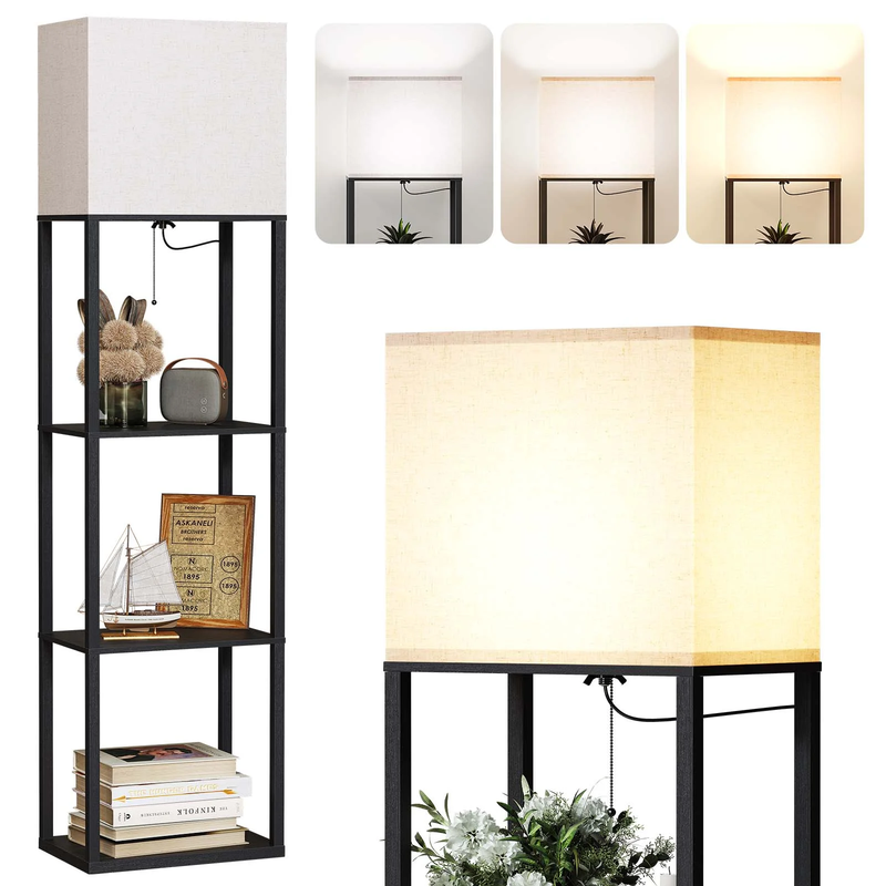 Large 4-Tier Wood Floor Lamp with Shelves, 3-Color LED, Modern Living Room0