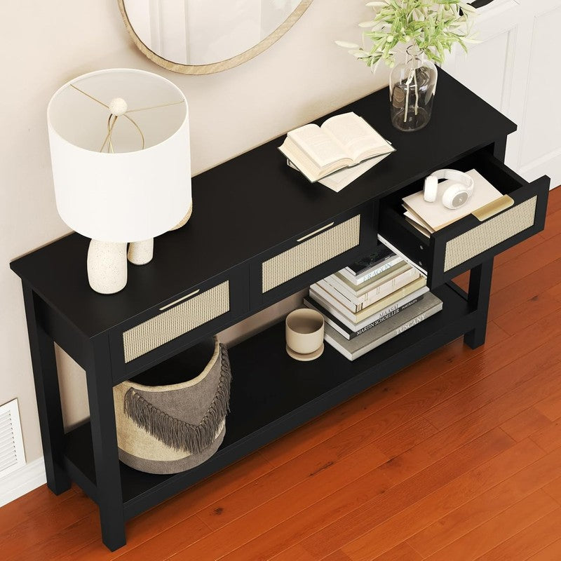 47'' Black Entryway Console Table 3 Rattan Drawers Open Shelf Sofa Table1