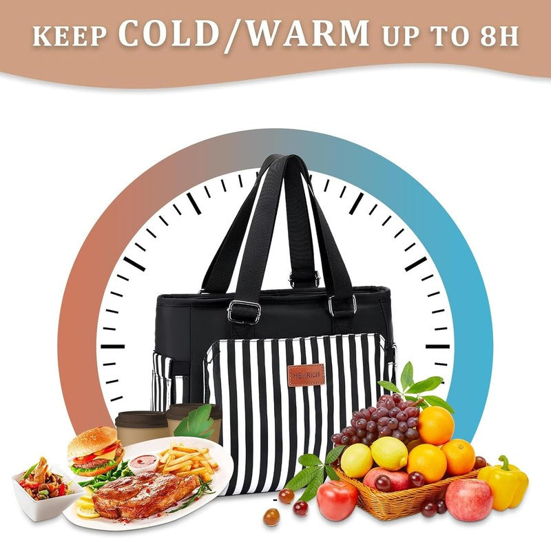 Large Insulated Lunch Bag for Women Leakproof 12L Cooler Tote Black Stripes3