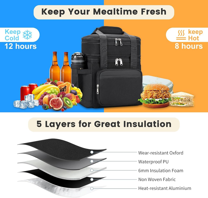 Insulated Lunch Bag & Box 15L Double Deck Reusable Cooler Tote Leakproof Large5