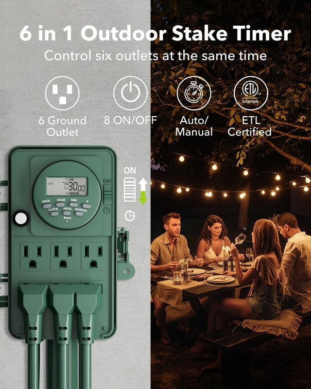 7 Day Outdoor Digital Stake Timer, 6 Outlets, Weatherproof, BNC U3S, Heavy Duty6