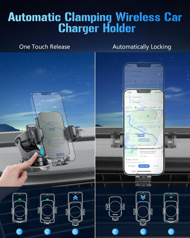 Wireless Car Charger 3 in 1 Fast Charging Phone Mount Auto Clamping Holder3