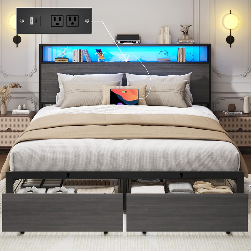 Queen Bed Frame LED Storage Headboard Drawers Charging Metal Rustic Grey8
