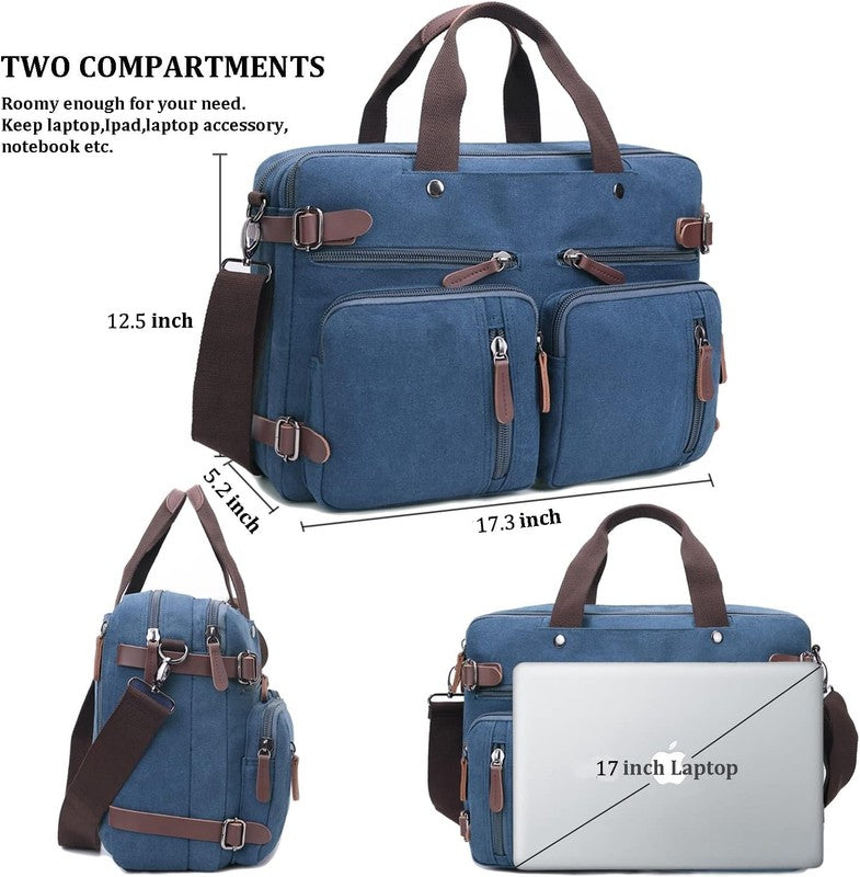 3 in 1 Canvas Laptop Bag 17.3 Inch Convertible Briefcase Multi Pocket Blue2